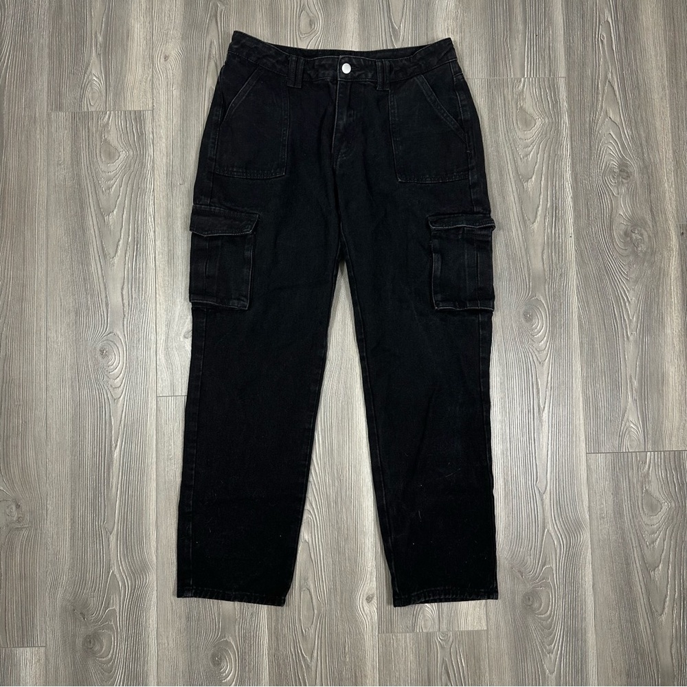 Shein Black Denim Cargo Pants Women’s Utility‎ Pocket Wide Leg Jeans Size L